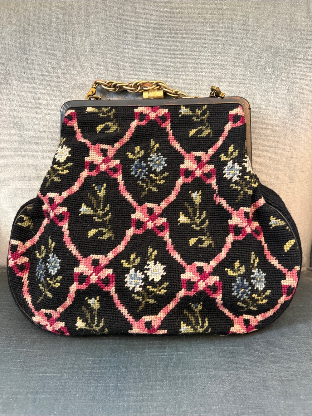 Vintage Black Floral Needlepoint Handbag with Gold Chain